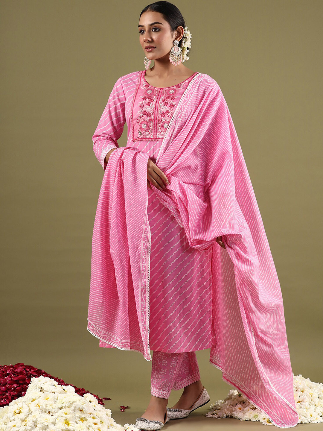 

Indo Era Bandhani Printed Thread Work Pure Cotton Straight Kurta with Trousers & Dupatta, Pink