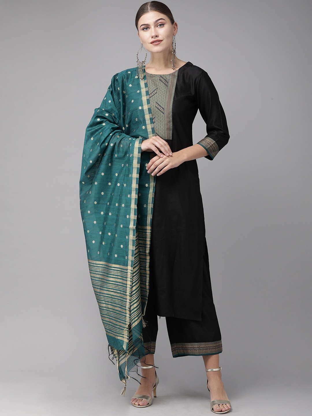 

Indo Era Ethnic Motifs Yoke Design Patchwork Kurta With Palazzos & Dupatta, Black