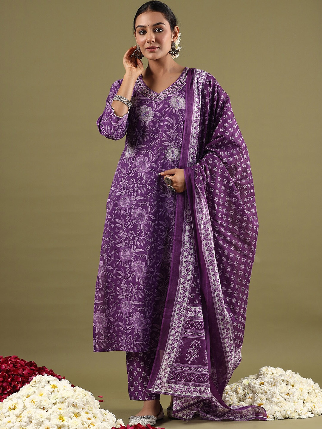 

Indo Era Ethnic Motifs Printed Pure Cotton Straight Kurta with Trousers & Dupatta, Purple