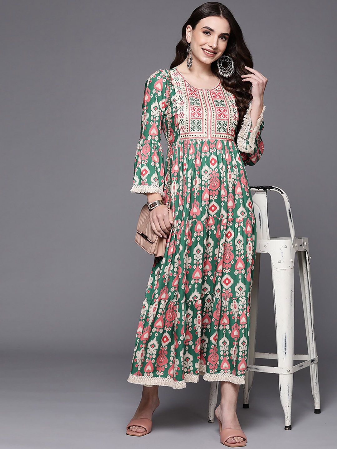 

Indo Era Printed Gathered or Pleated A-Line Ethnic Dress, Green