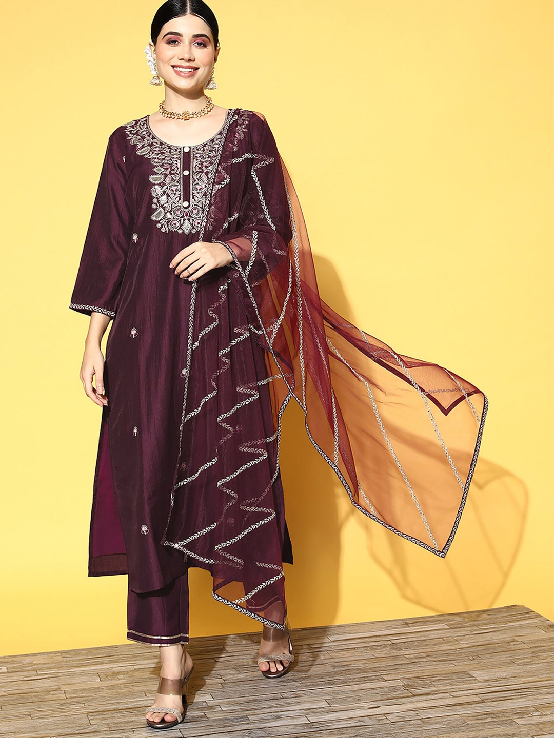 

Indo Era Ethnic Motifs Embroidered Straight Kurta With Palazzo & Dupatta, Burgundy