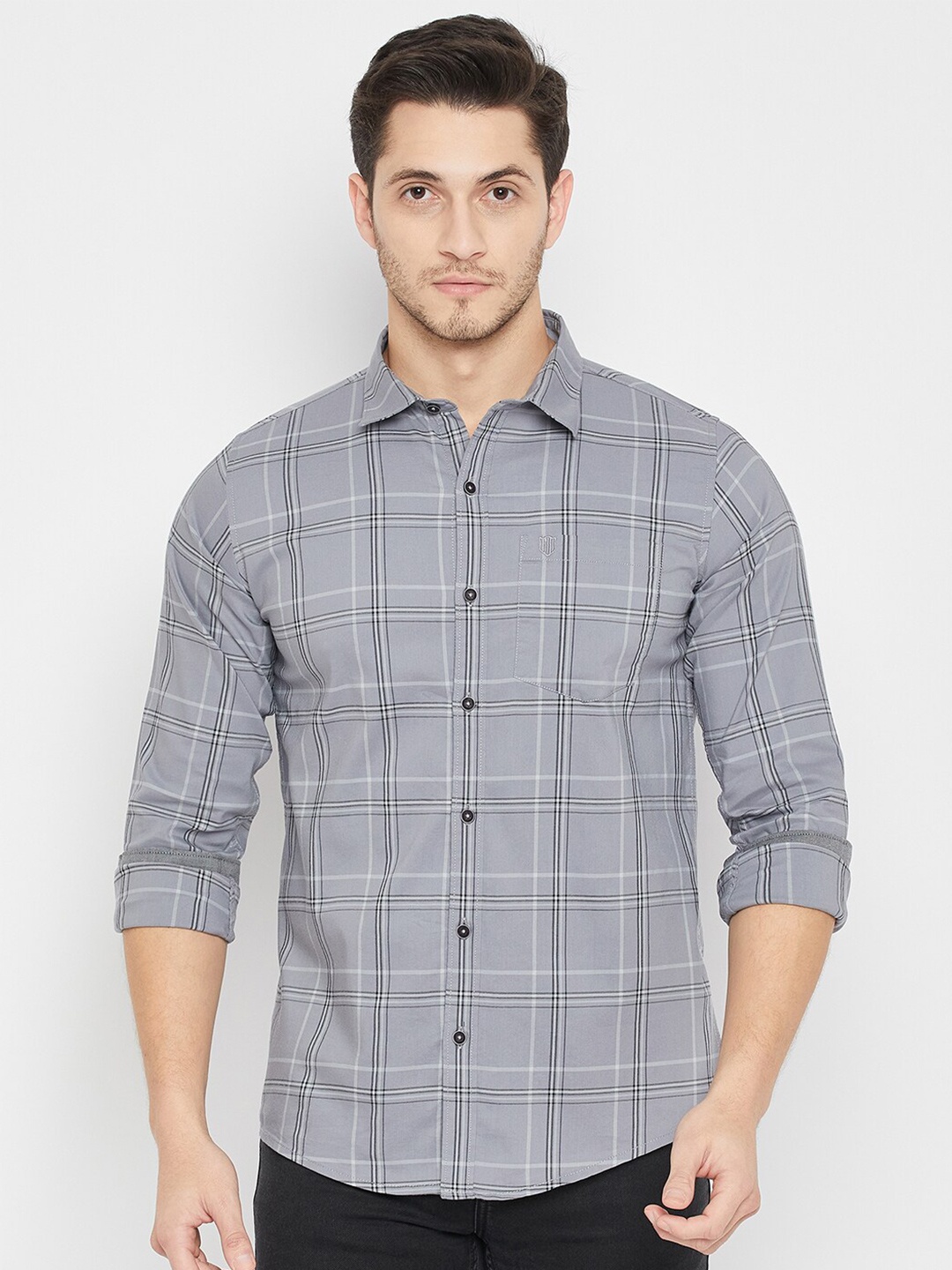 

Duke Slim Fit Tartan Checks Cotton Casual Shirt, Grey