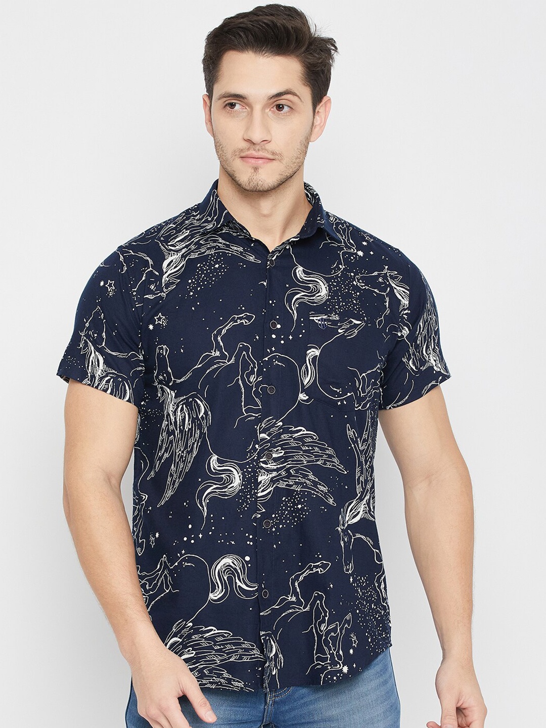 

Duke Slim Fit Abstract Printed Cotton Casual Shirt, Blue