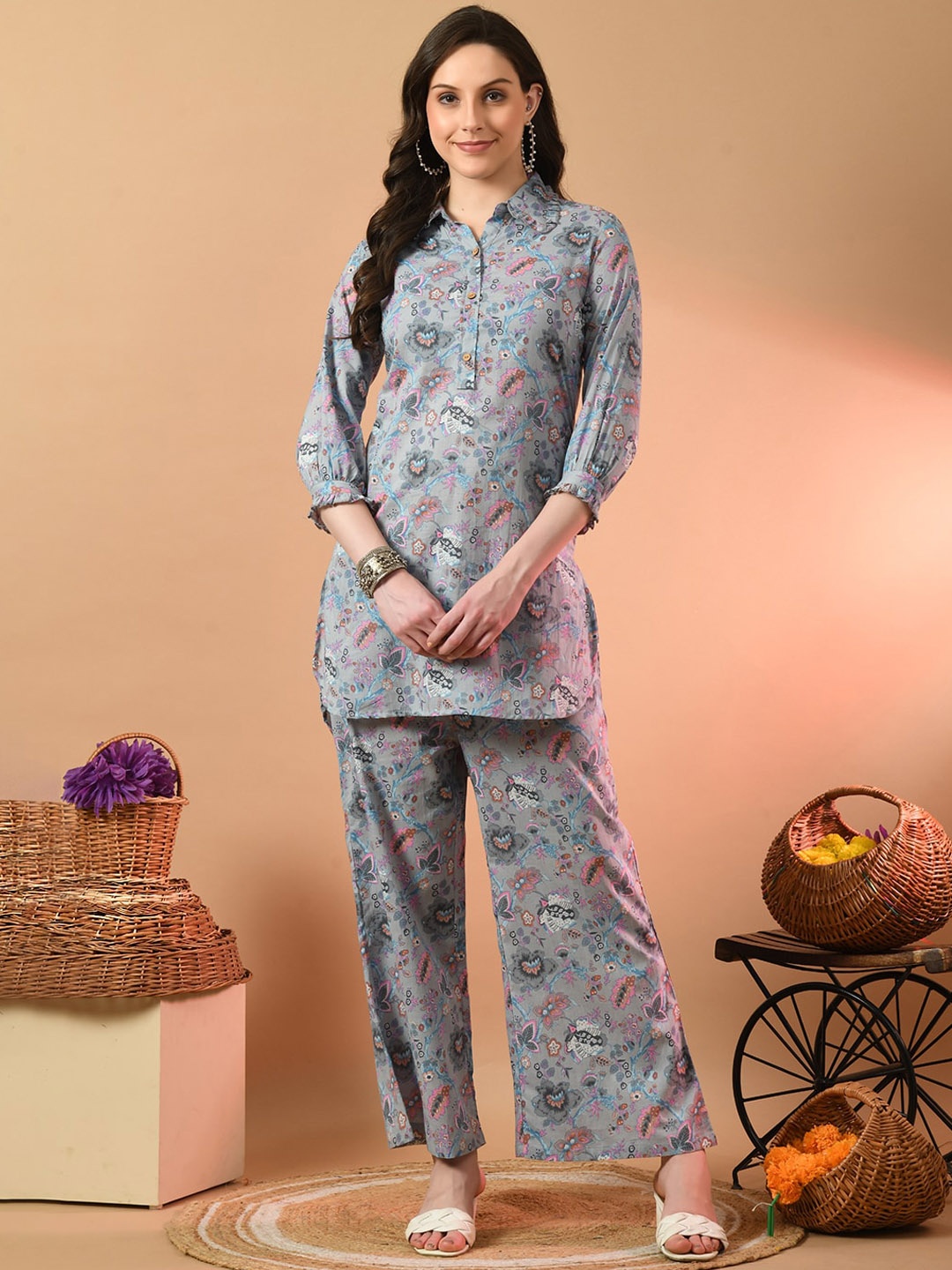 

FERANOID Printed Shirt Collar Pure Cotton Tunic & Palazzos Co-Ords, Grey