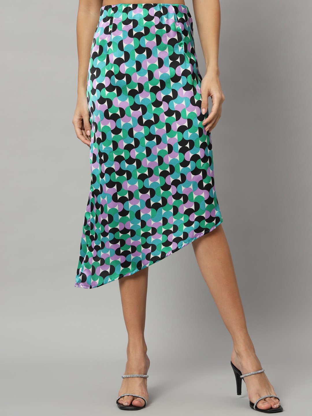 

Chemistry Abstract Printed Satin A-Line Flared Knee Length Skirt, Purple