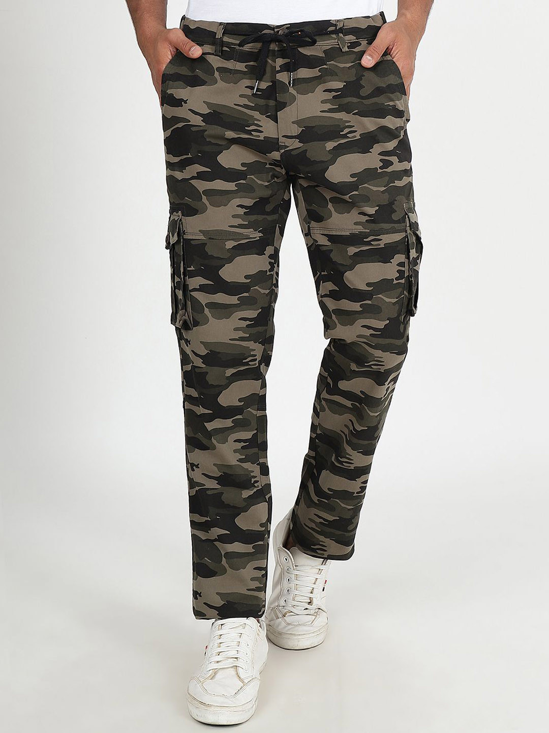 

JADE BLUE Men Printed Cotton Slim Fit Mid Rise Cargos, Olive