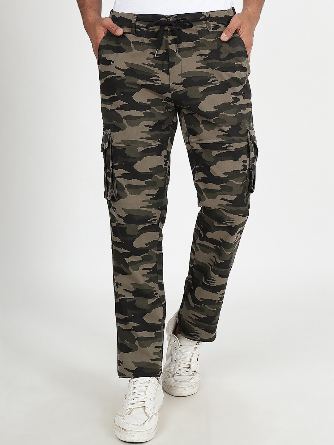 

JADE BLUE Men Printed Cotton Slim Fit Mid Rise Cargo Style Track Pants, Olive