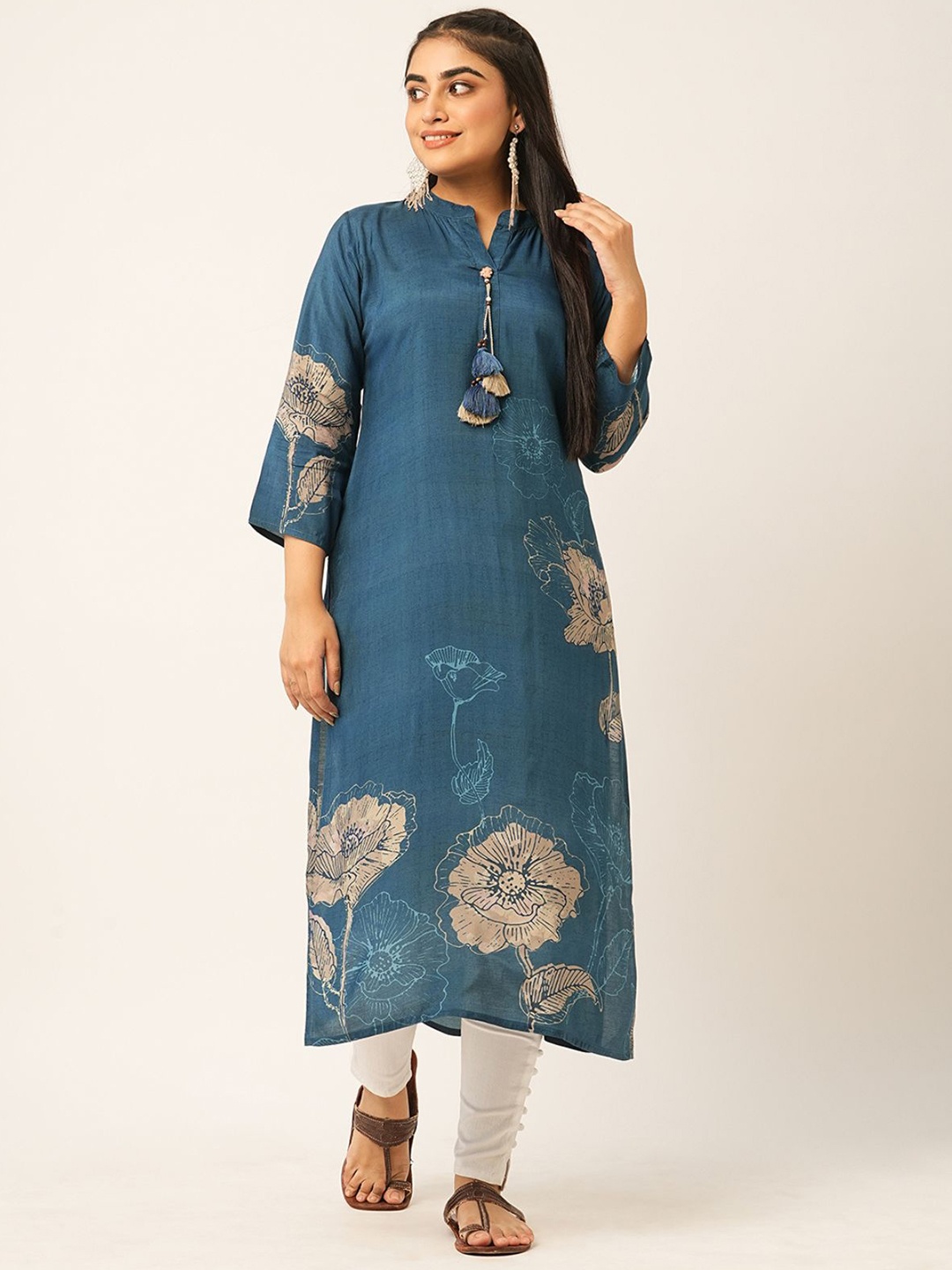 

ODETTE Band Collar Floral Printed Kurta, Blue