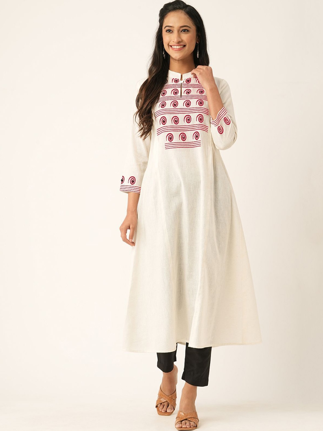 

ODETTE Geometric Yoke Design Mandarin Collar Flared Cotton A-Line Kurta, White