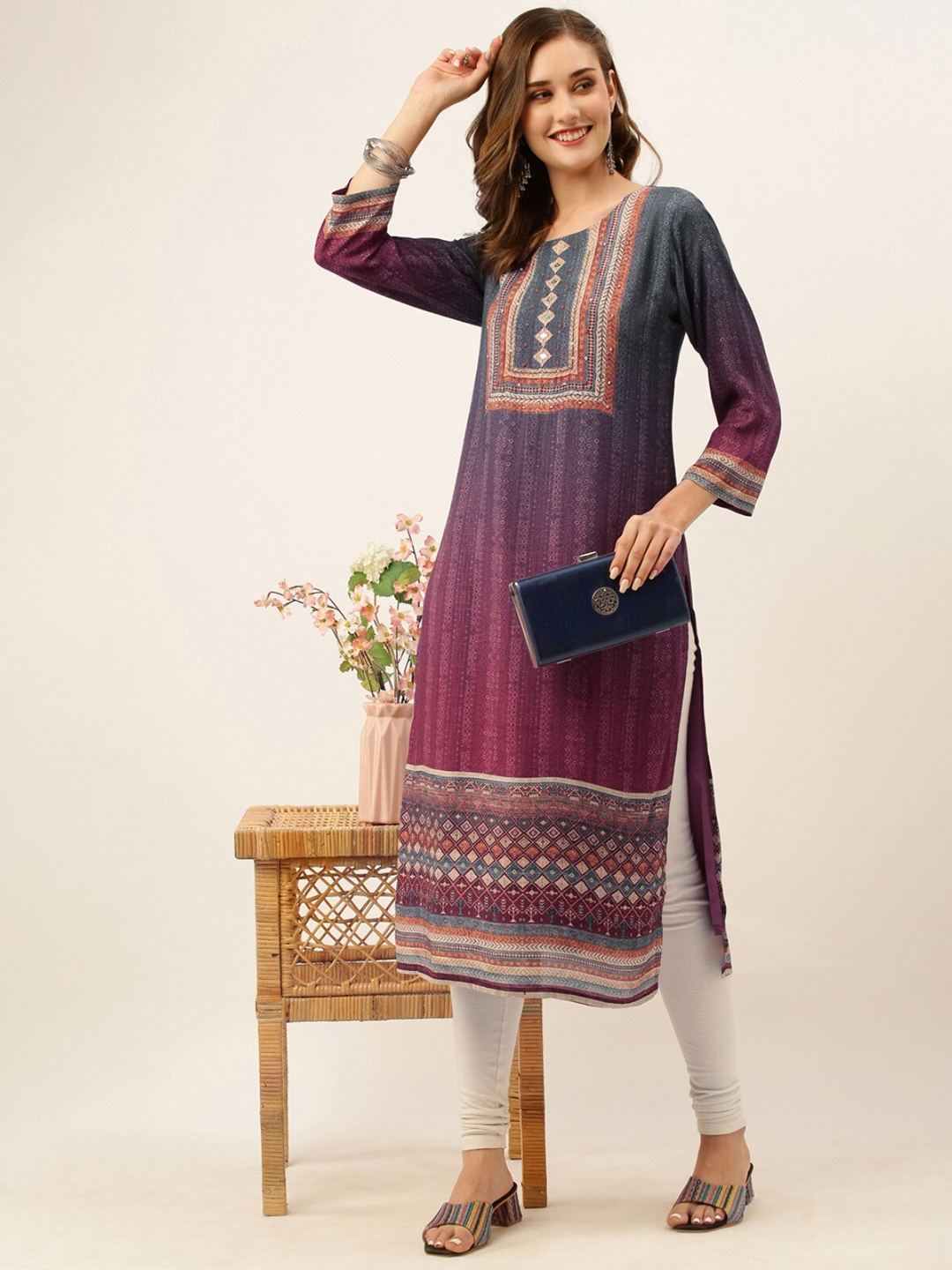 

ODETTE Geometric Yoke Design Sequinned Pure Linen Muslin Kurta, Blue