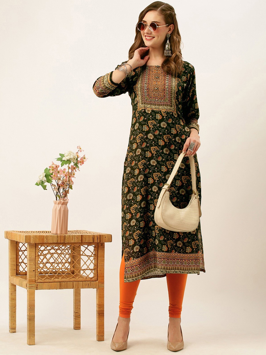 

ODETTE Floral Printed Pure Linen Muslin Straight Kurta, Green