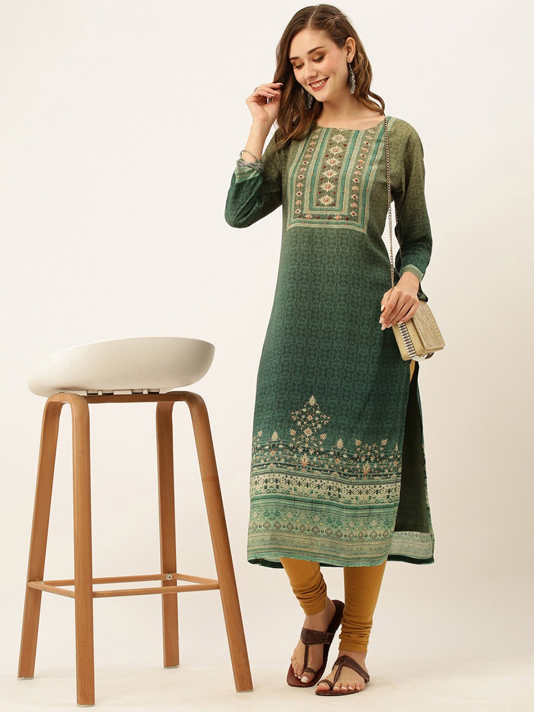 

ODETTE Round Neck Ethnic Motifs Printed Kurta, Green