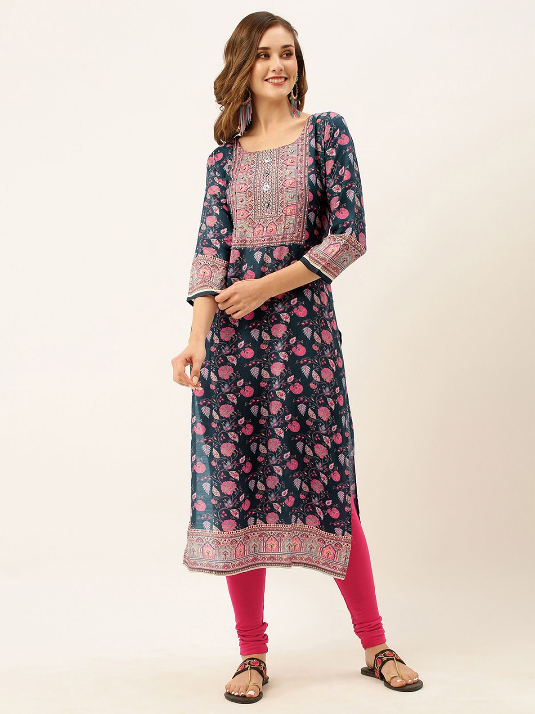 

ODETTE Round Neck Floral Printed Kurta, Grey