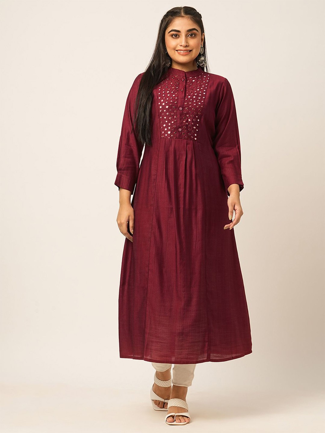 

ODETTE Yoke Design Mirror Work Mandarin Collar A-Line Kurta, Maroon