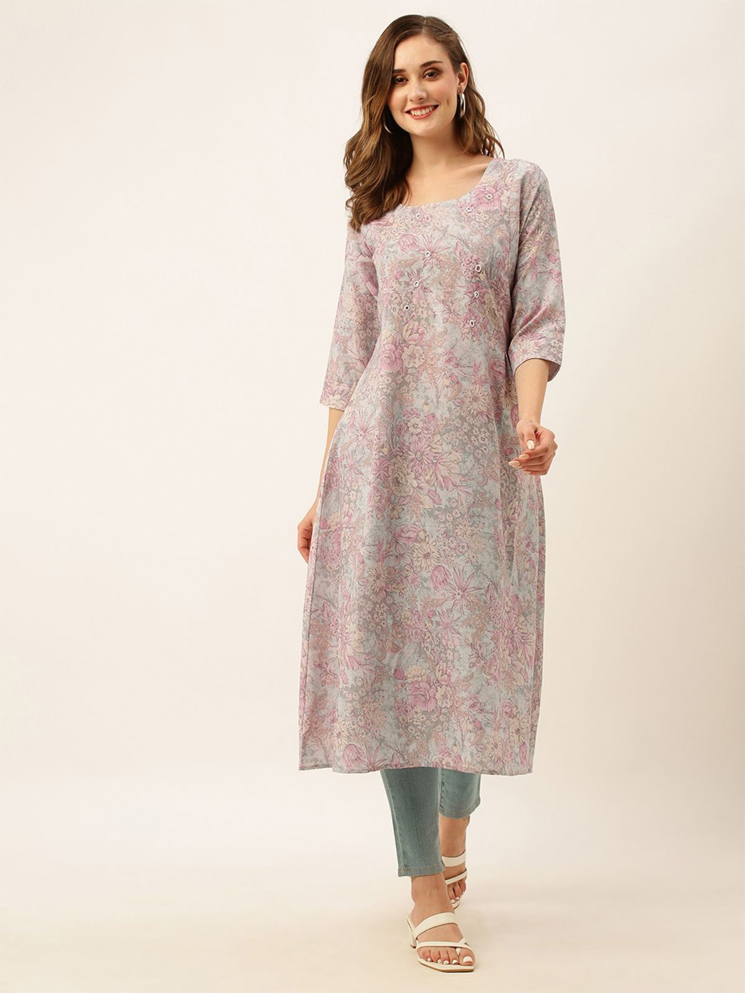 

ODETTE Floral Printed Round Neck Pure Linen A-Line Kurta, Grey