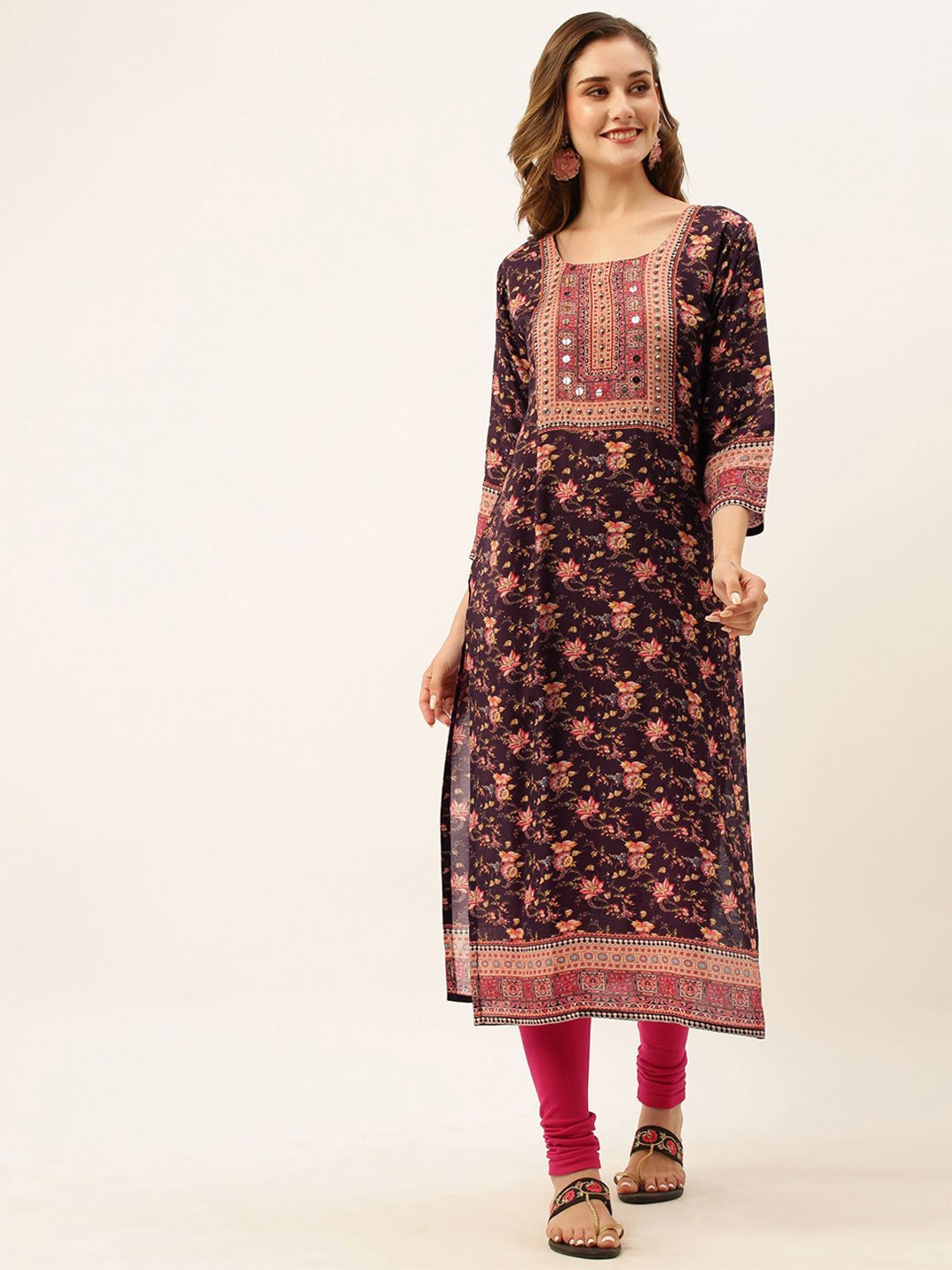 

ODETTE Floral Printed Round Neck Mirror Work Linen Straight Kurta, Maroon