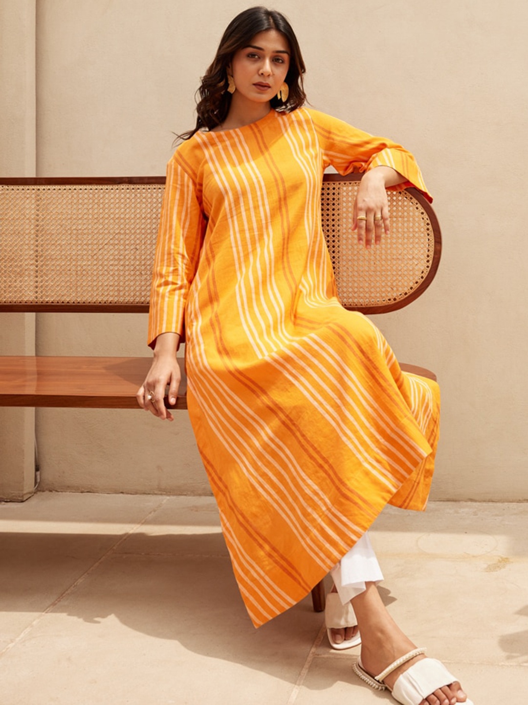 

Ambraee Striped Round Neck Regular Sleeves Organic Cotton A-Line Kurta & Trousers, Orange