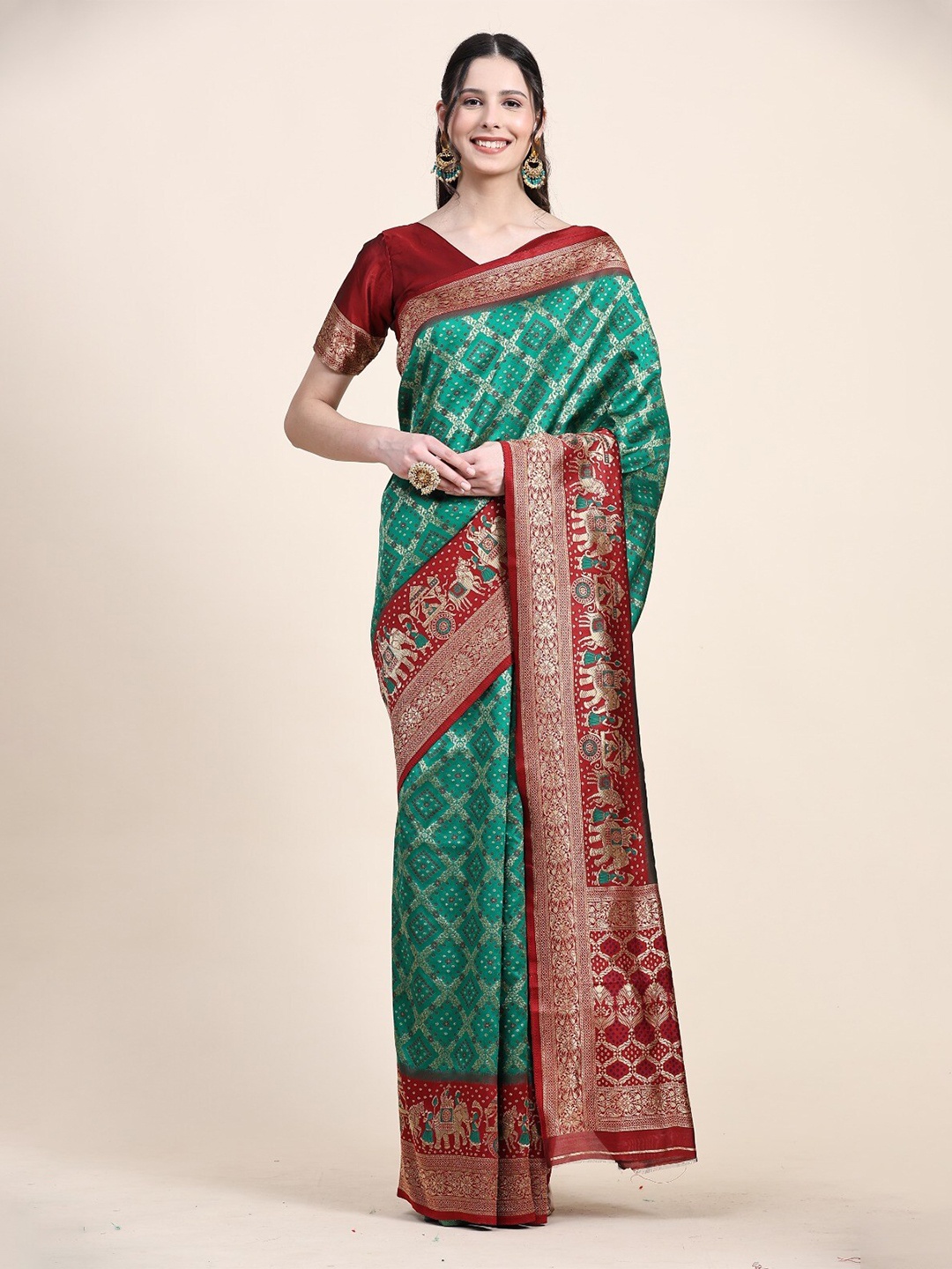 

DIVASTRI Ethnic Motifs Zari Patola Saree, Olive