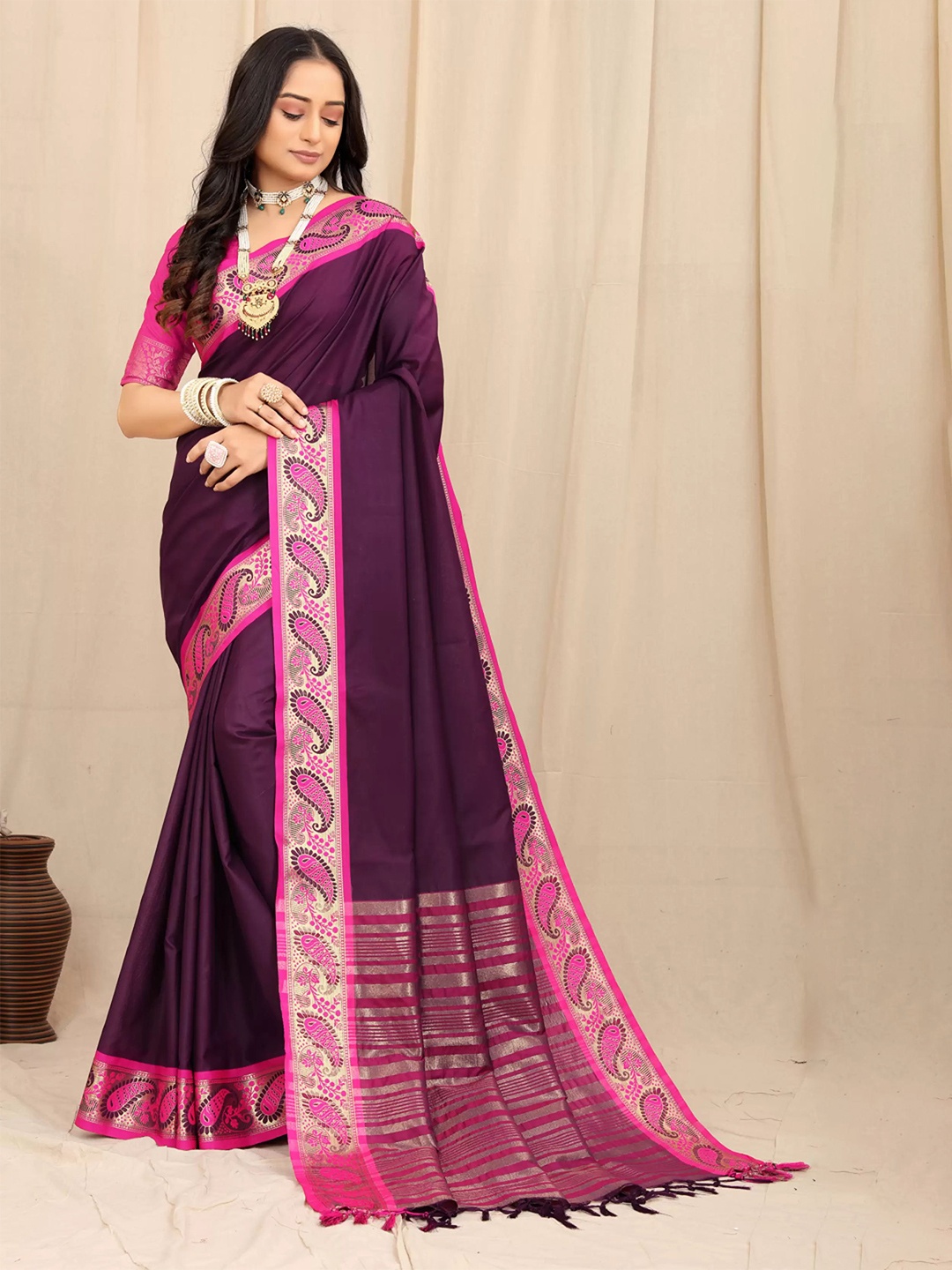

DIVASTRI Zari Pure Cotton Banarasi Saree, Purple