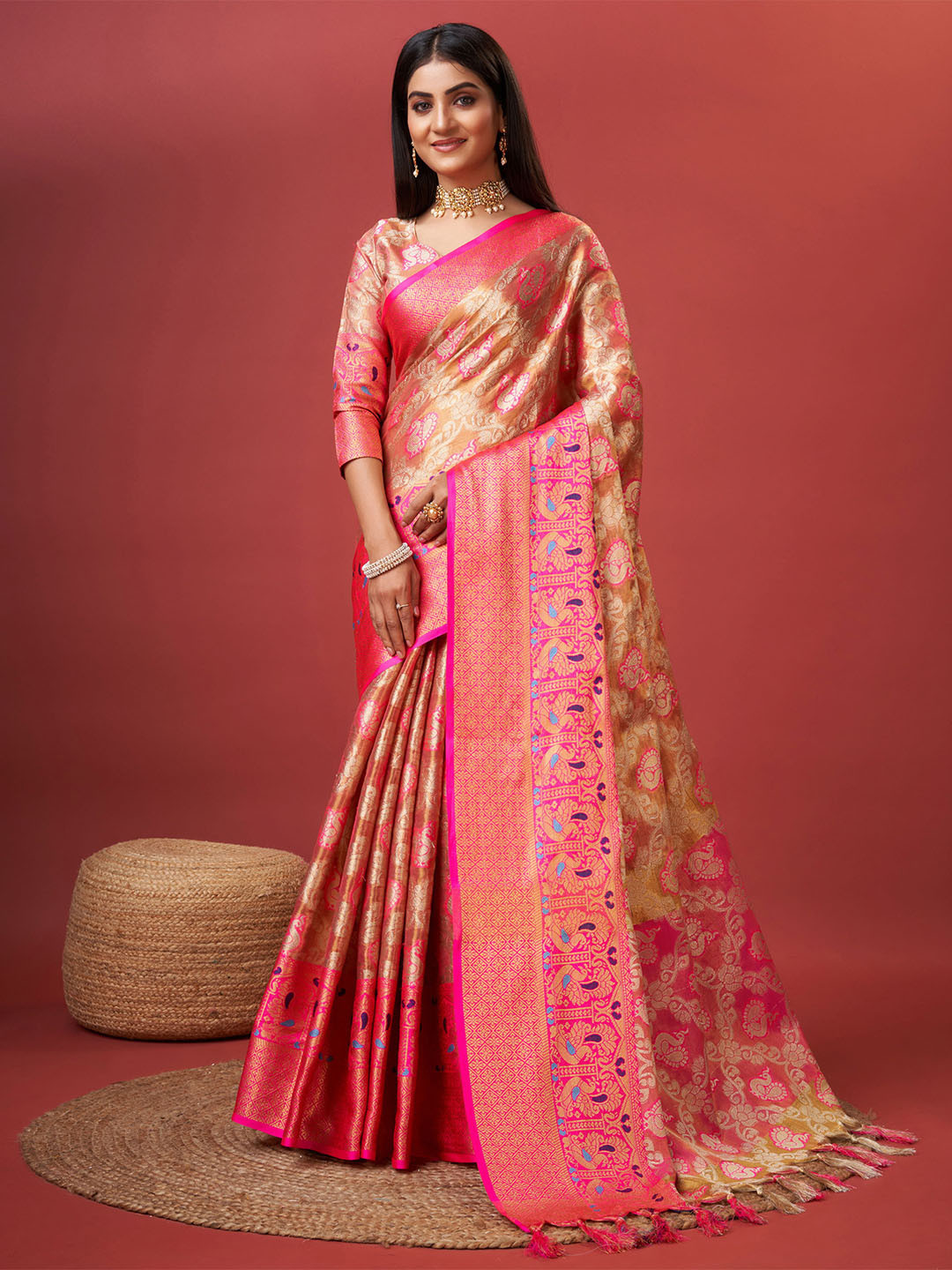 

DIVASTRI Ethnic Motifs Zari Paithani Saree, Orange