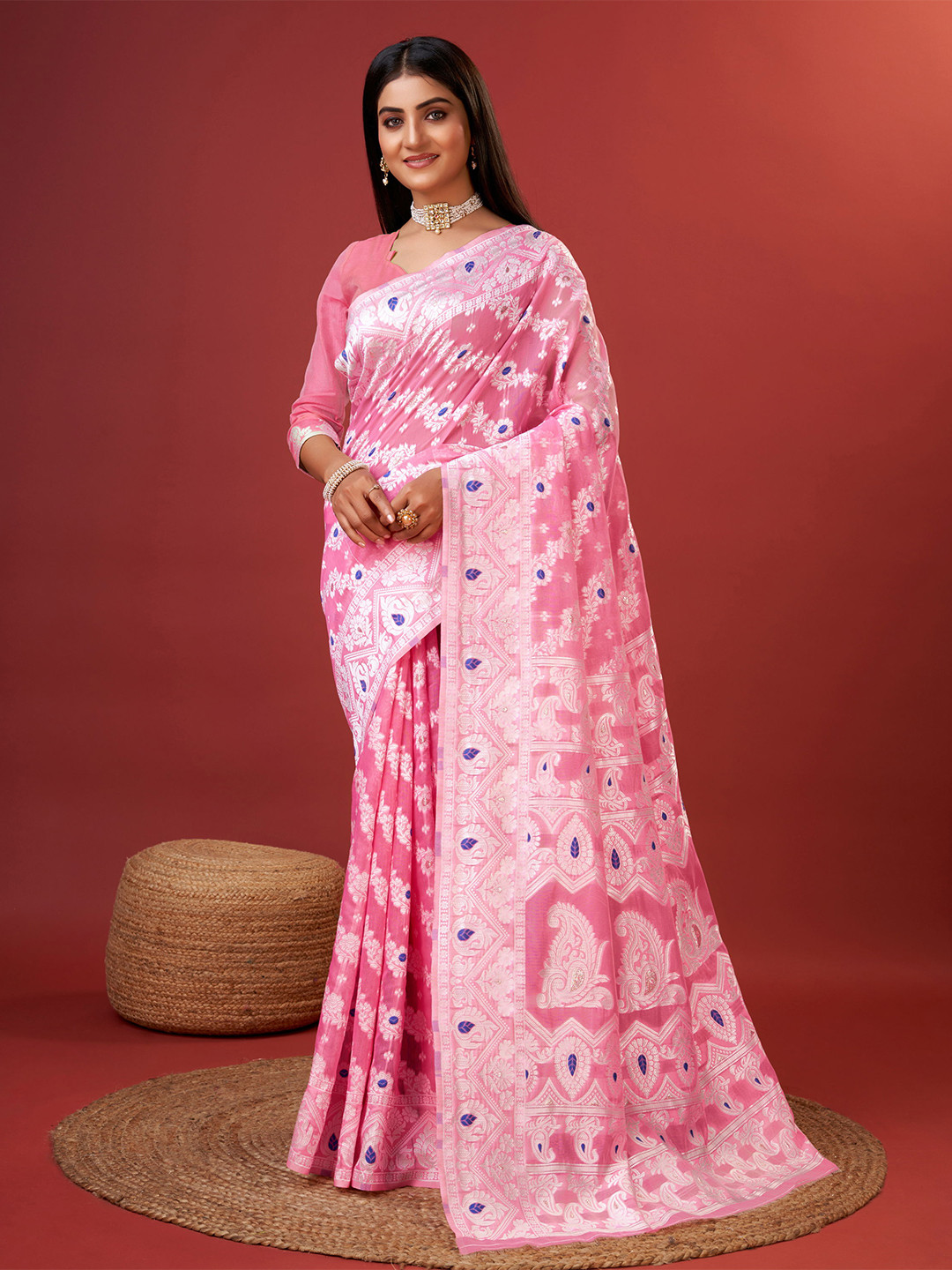 

DIVASTRI Floral Zari Pure Cotton Banarasi Saree, Pink