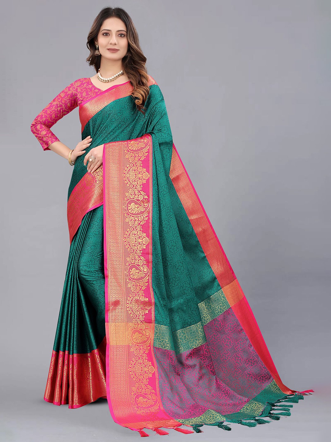 

DIVASTRI Floral Woven Design Printed Zari Pure Cotton Banarasi Saree, Blue