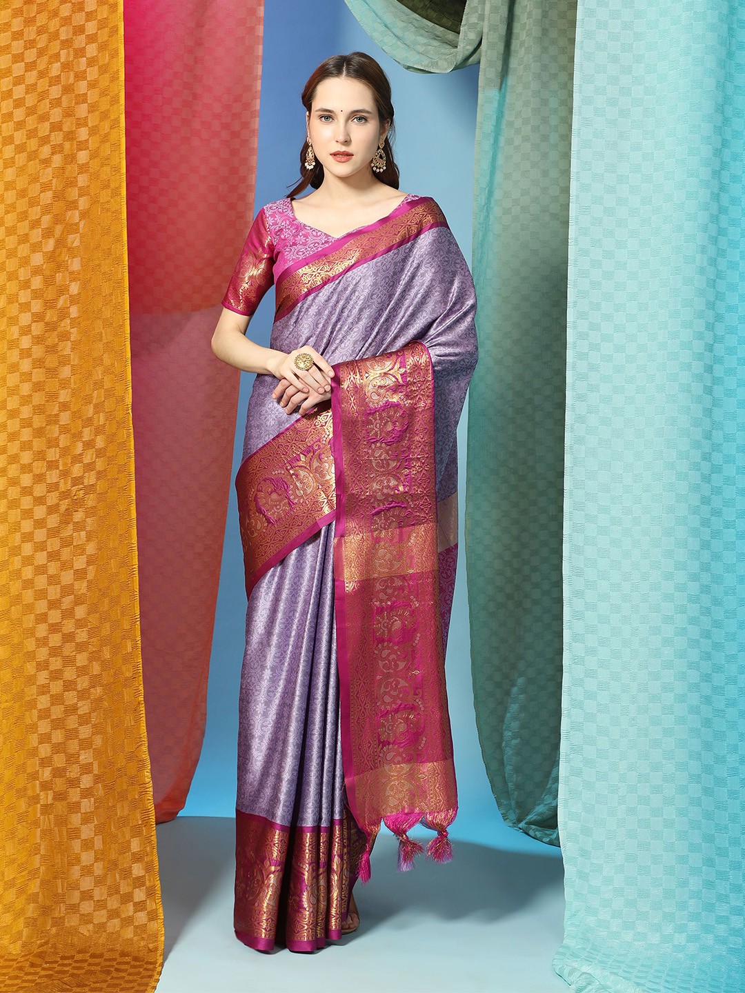 

DIVASTRI Floral Zari Pure Cotton Banarasi Saree, Purple