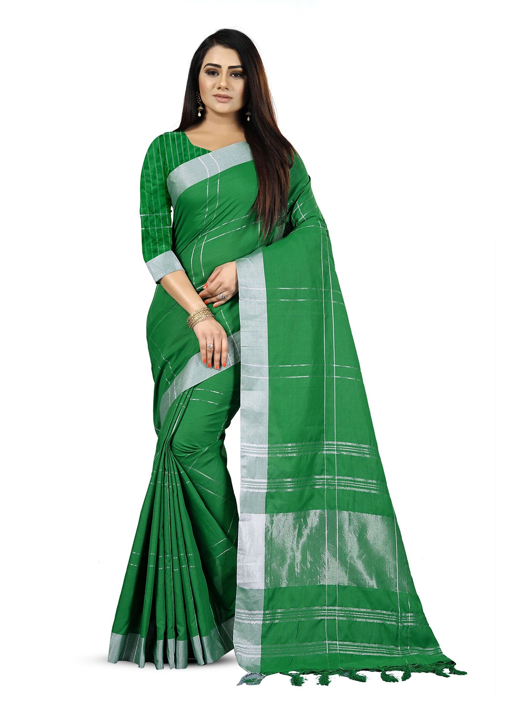 

DIVASTRI Checked Zari Pure Cotton Banarasi Saree, Green