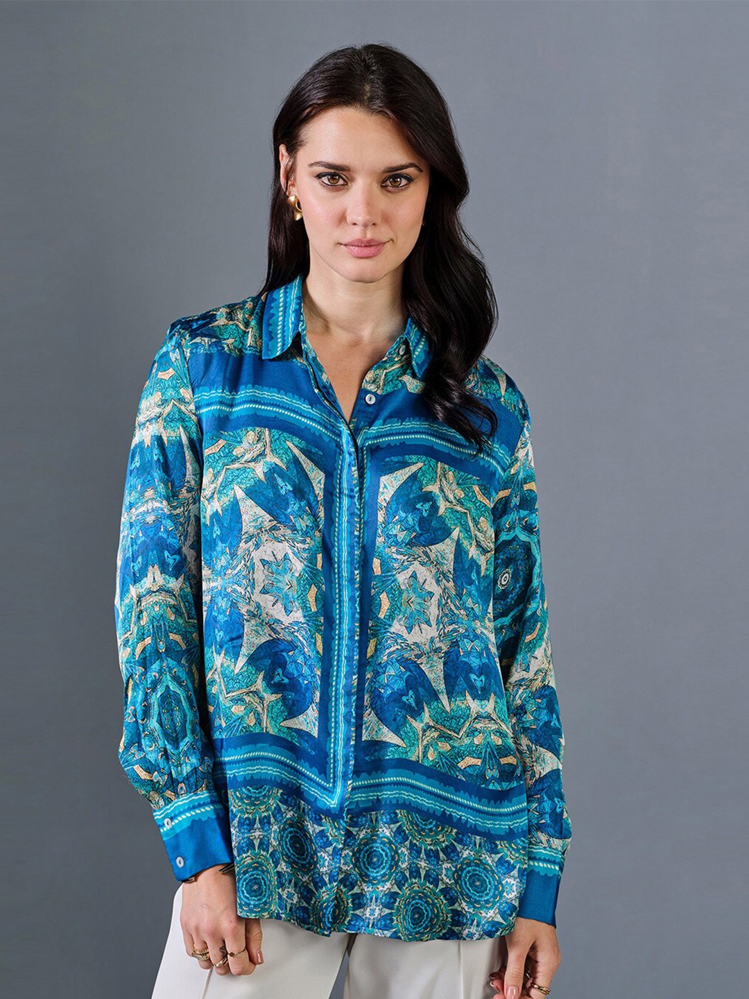 

AND Ethnic Motifs Printed Shirt Collar Shirt Style Top, Blue