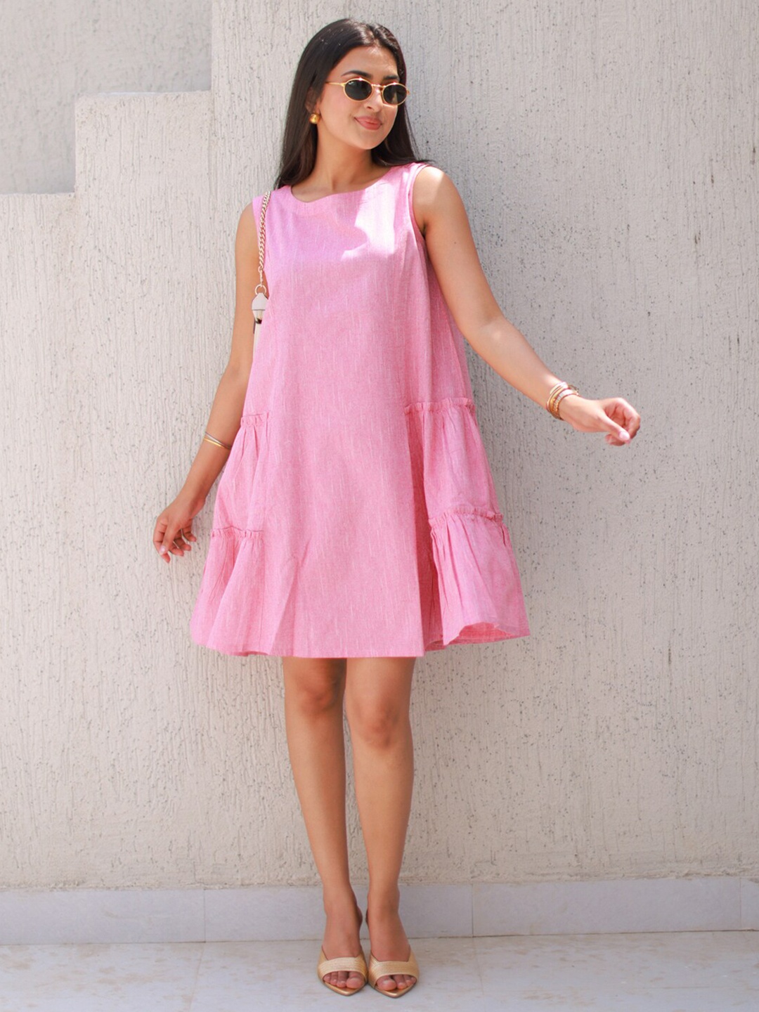 

Ambraee Round neck Sleeveless Above Knee A-Line Dress, Pink