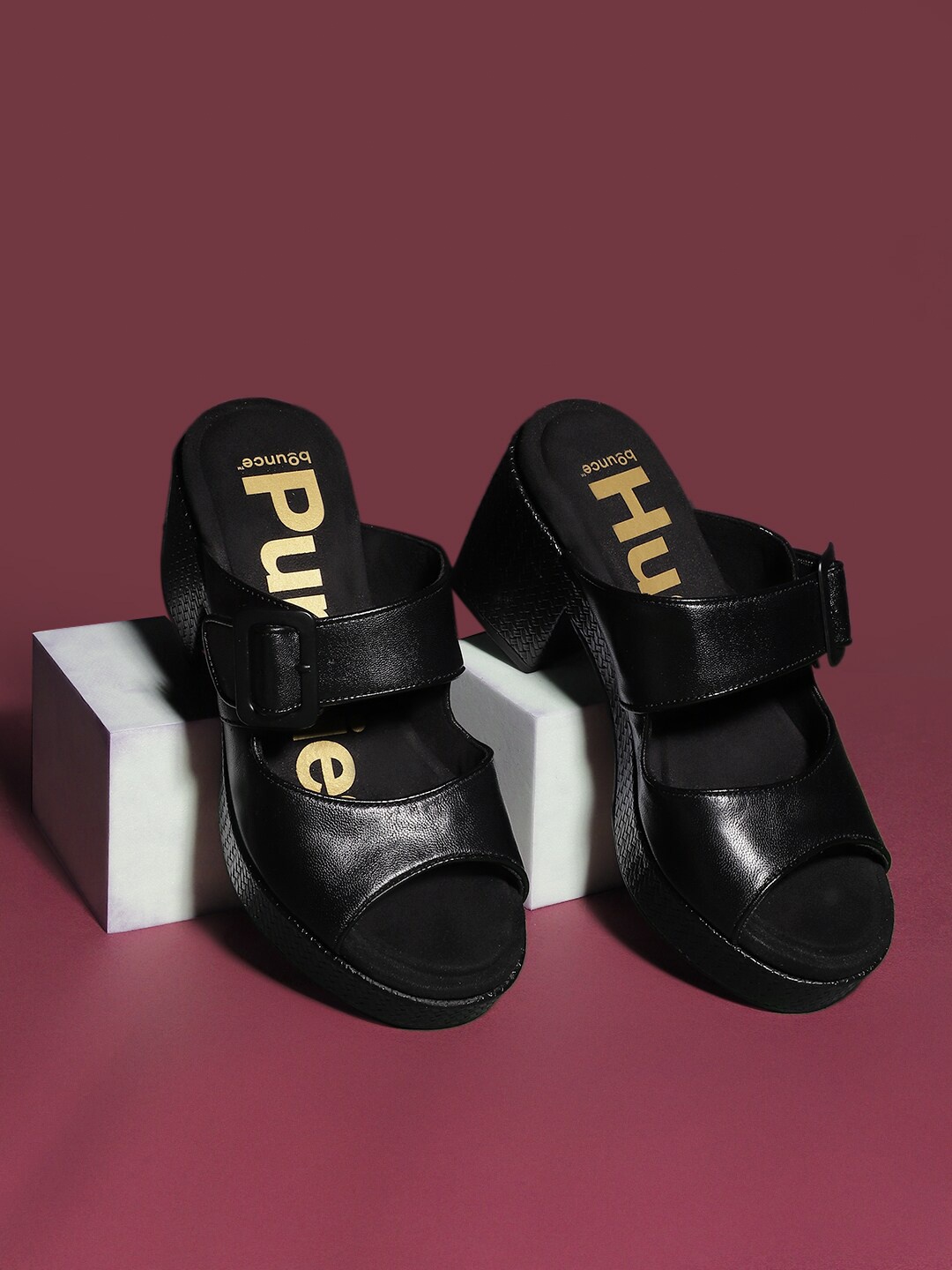 

Hush Puppies Open Toe Leather Block Heels, Black