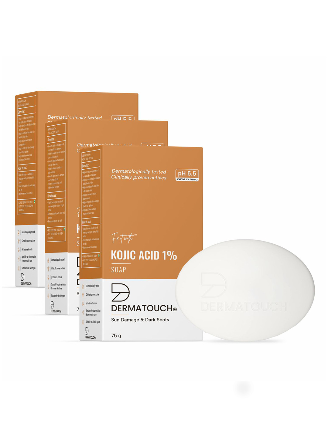 

Dermatouch Set Of 3 Fix It With Kojic Acid 1% Soap For Dark Spots - 75g Each, White