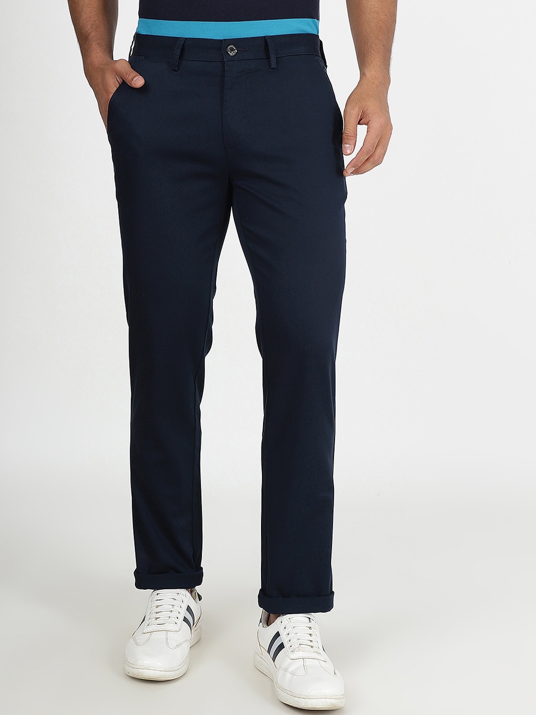 

JADE BLUE Men Slim Fit Cotton Regular Trousers, Navy blue