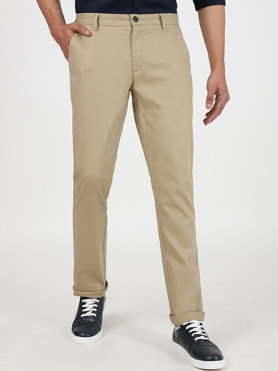 

JADE BLUE Men Slim Fit Mid-Rise Cotton Trousers, Khaki