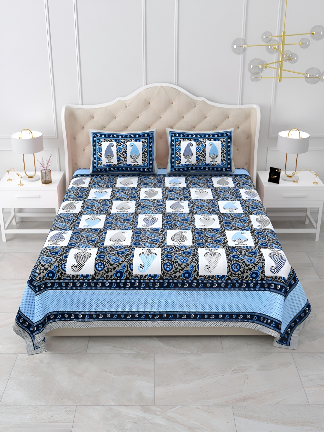 

DOLLIFI Blue Floral 180 TC Cotton Queen Bedsheet With 2 Pillow Covers
