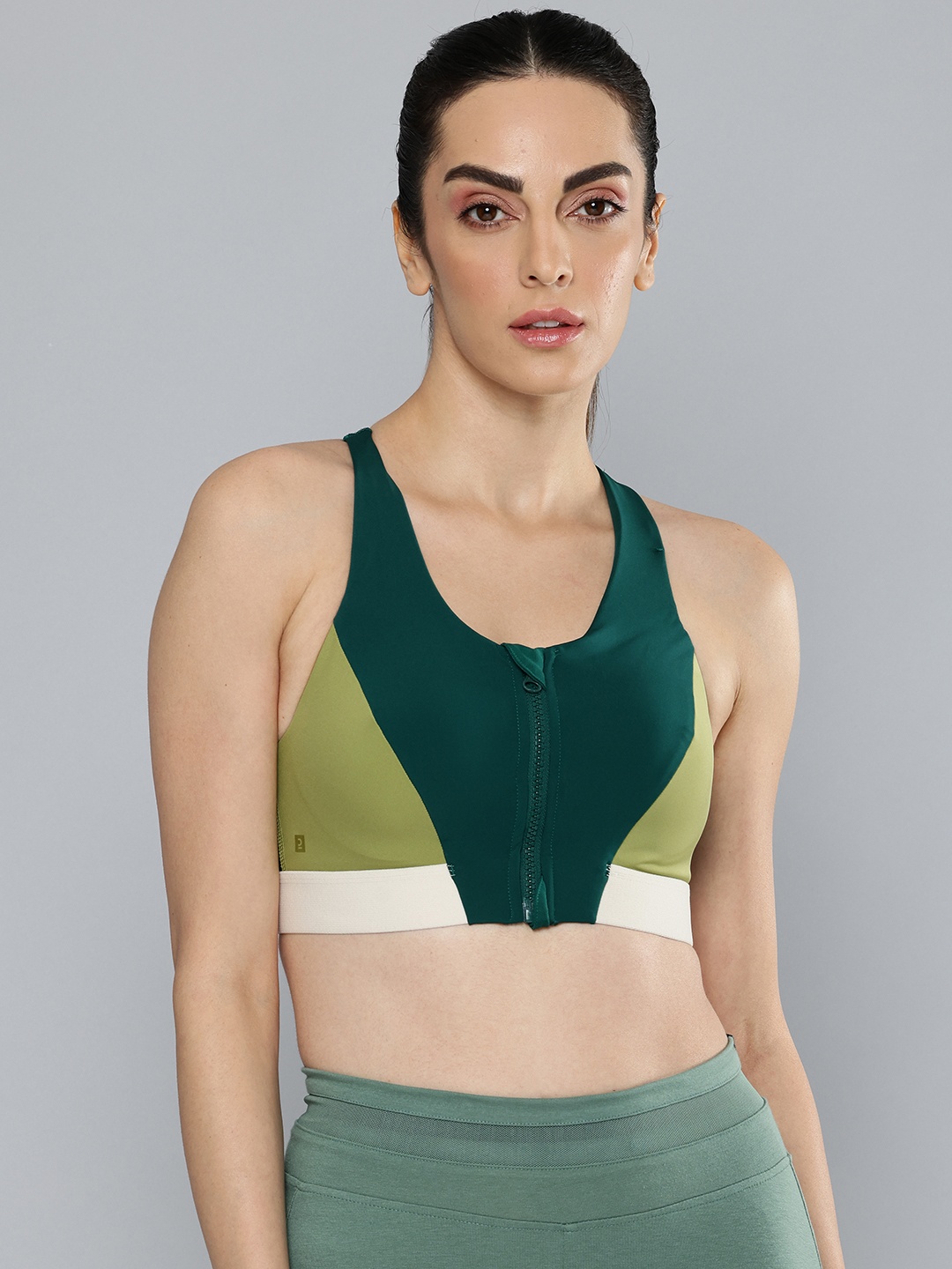 

Domyos By Decathlon Women Green Medium Support With Front-Zip Sports Bra