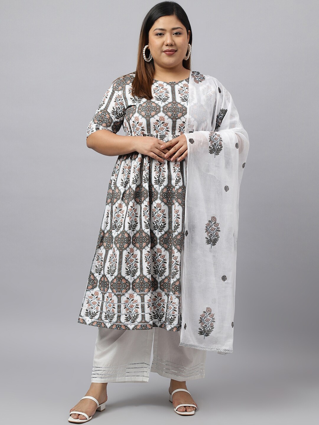 

Janasya Plus Size Printed Pleated Pure Cotton Kurta with Palazzos & Dupatta, White