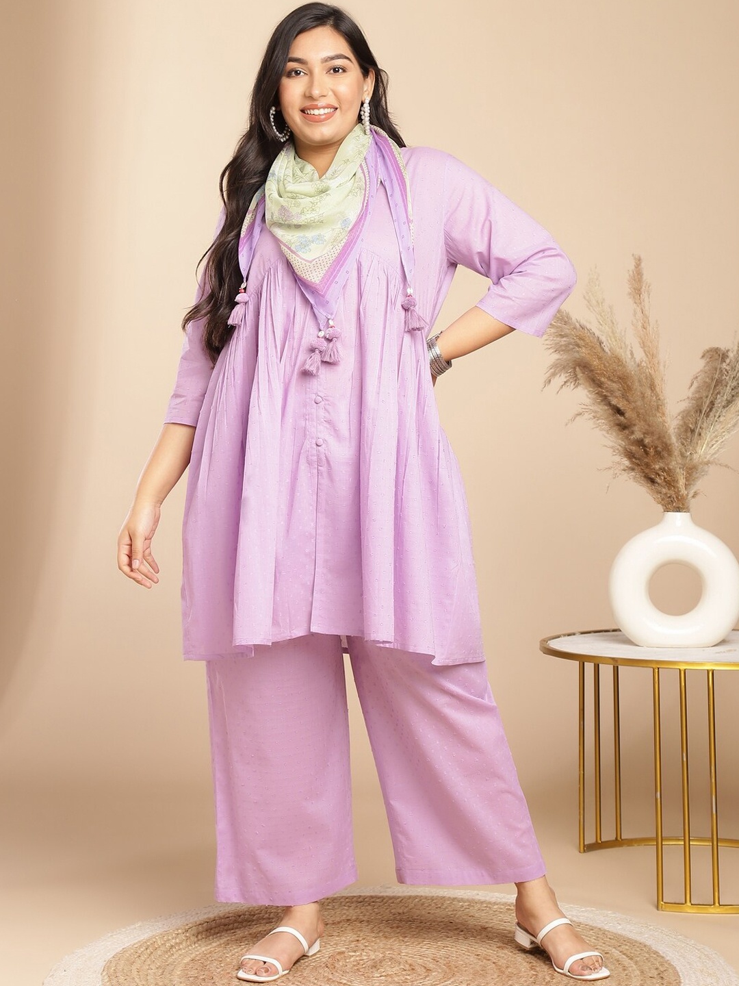 

Janasya Plus Size Mandarin Collar Pure Cotton High-Low A-Line Kurta with Palazzos, Lavender
