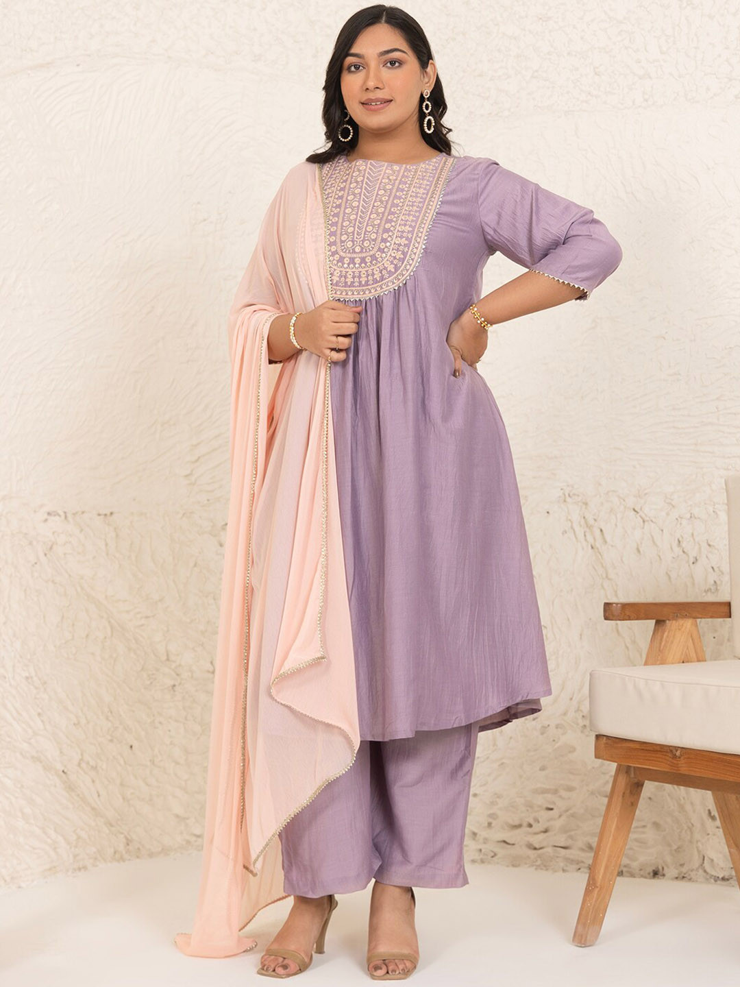 

Janasya Plus Size Ethnic Motifs Regular Thread Work Kurta with Palazzos & Dupatta, Lavender