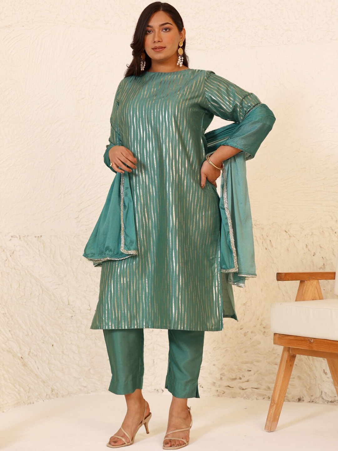 

Janasya Plus Size Striped Round Neck Three-Quarter Sleeves Kurta with Trousers & Dupatta, Green
