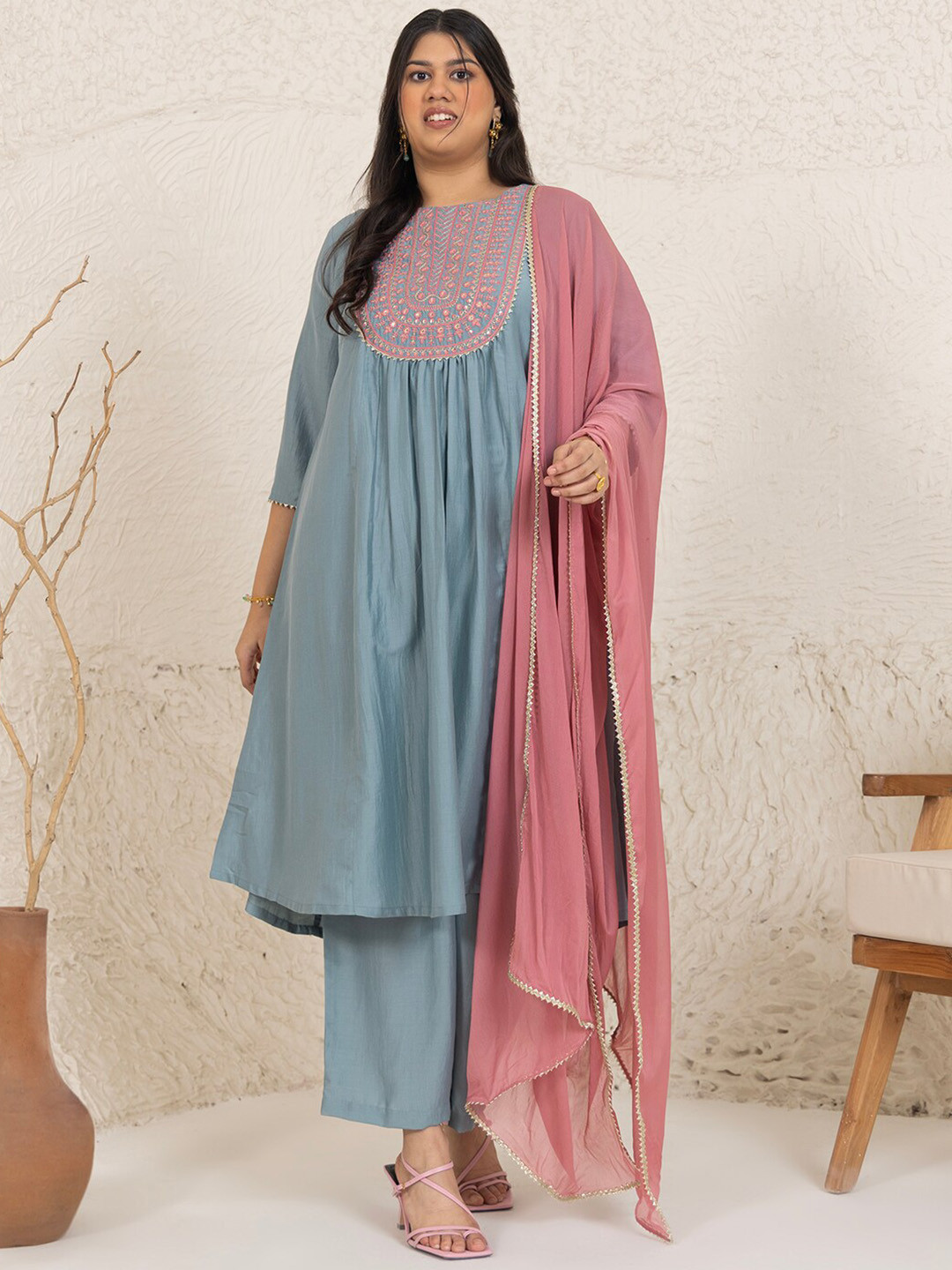 

Janasya Plus Size Ethnic Motifs Regular Thread Work Kurta with Palazzos & Dupatta, Blue