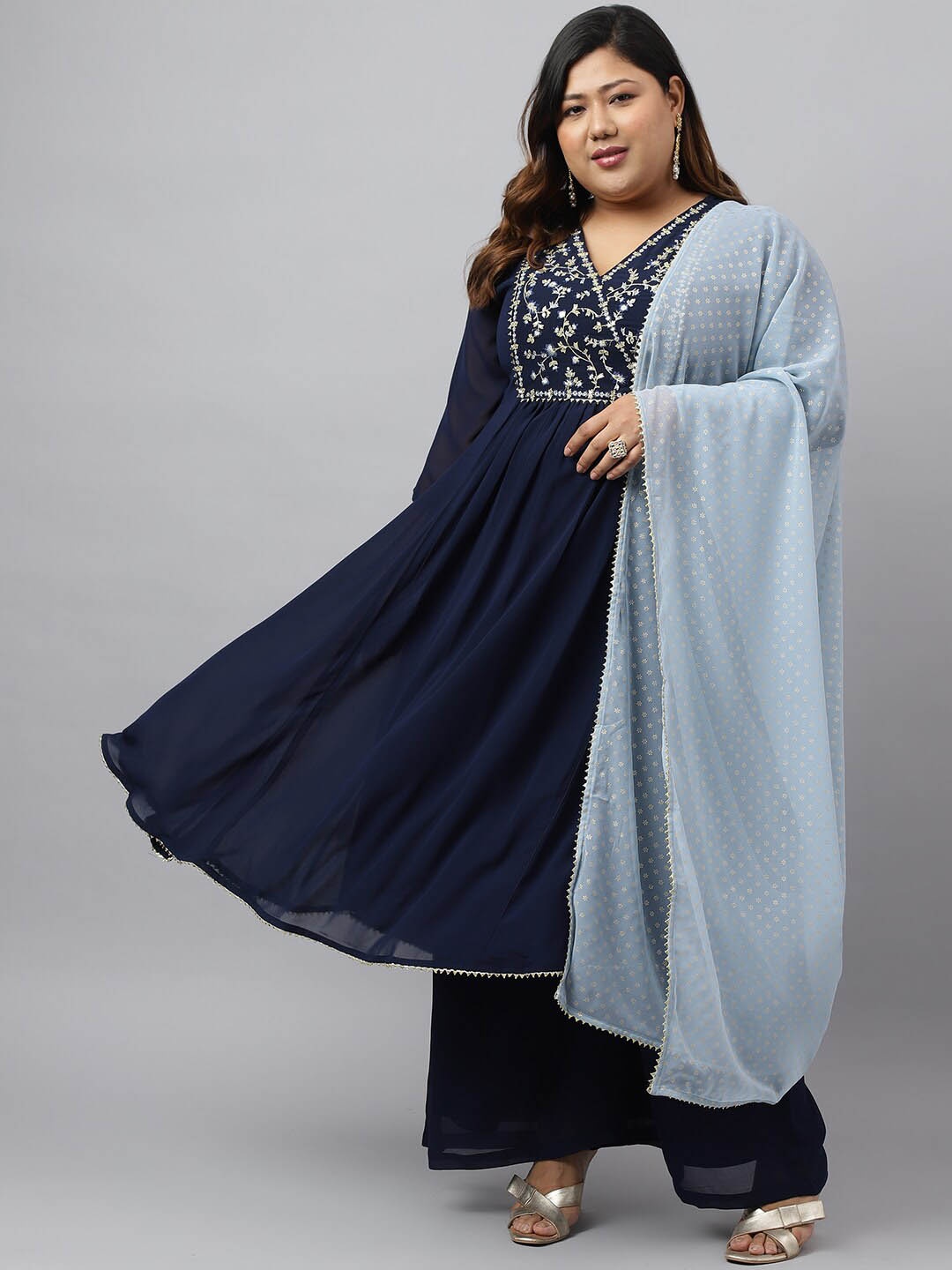 

Janasya Plus Size Ethnic Motifs Empire Thread Work Kurta with Palazzos & Dupatta, Blue
