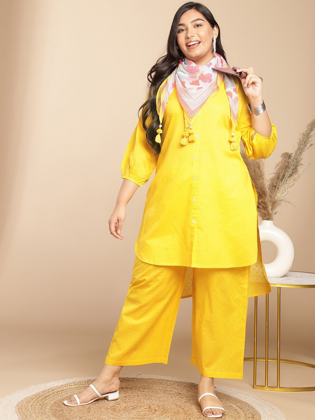 

Janasya Plus Size Mandarin Collar Pure Cotton High-Low A-Line Kurta with Palazzos, Yellow