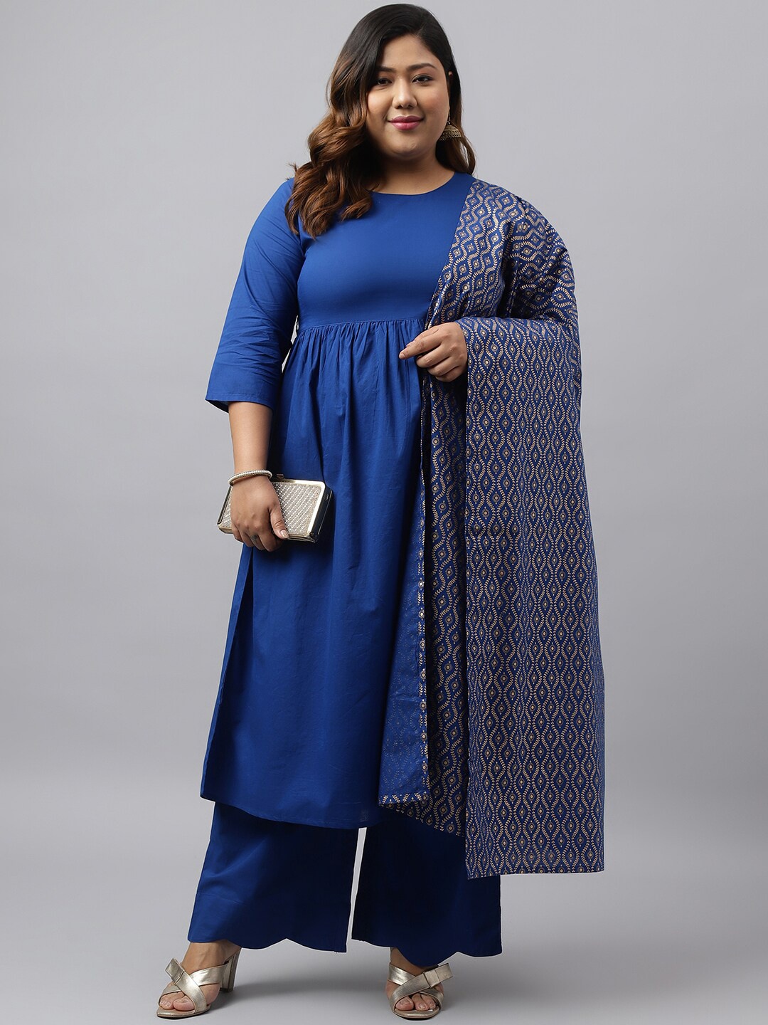 

Janasya Plus Size Empire Pure Cotton Kurta with Palazzos & With Dupatta, Blue