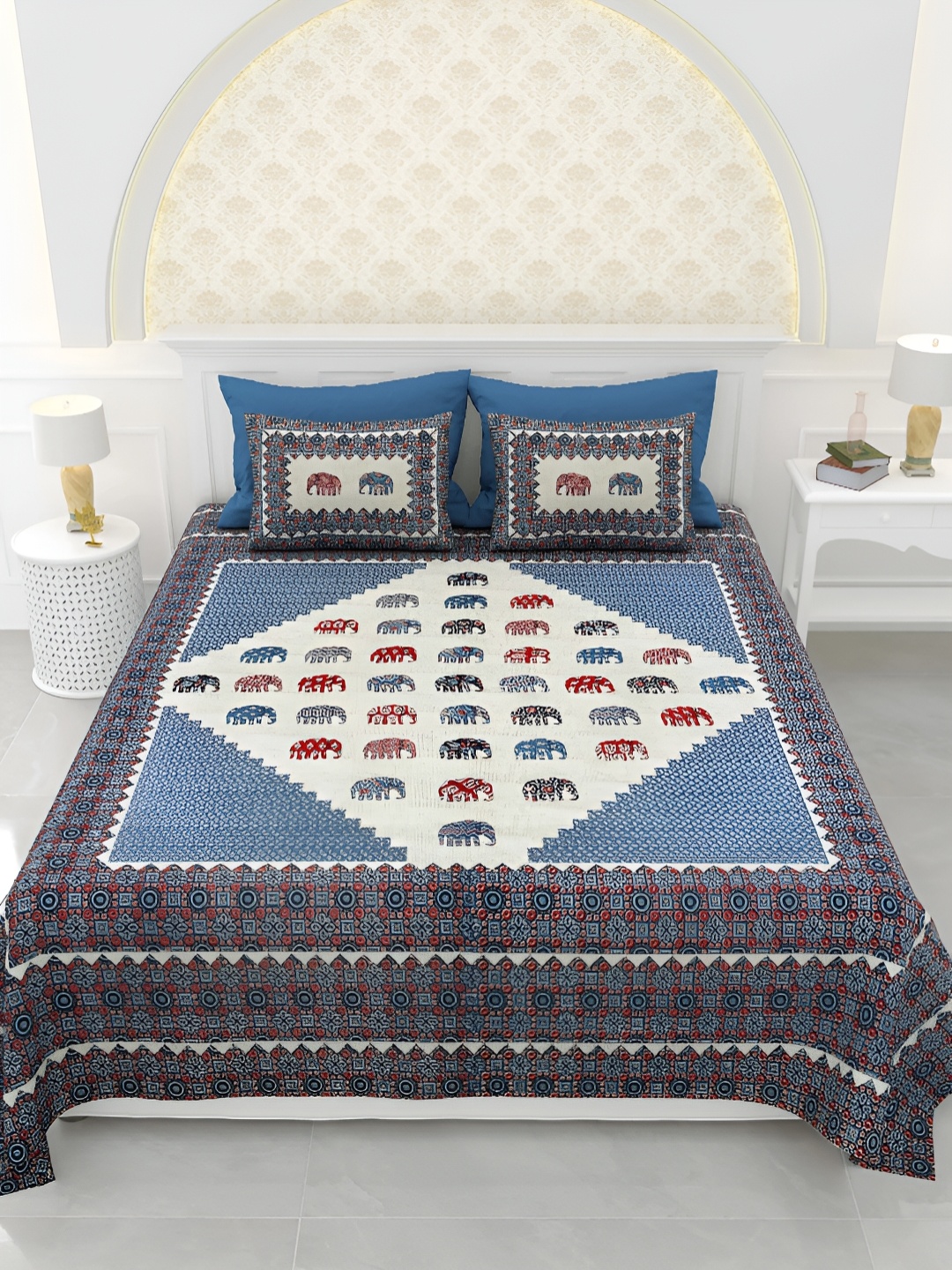 

LIVING ROOTS Super King Size Jaipur Block Print Cotton Double Bedsheet & 2 Pillow Covers, Blue