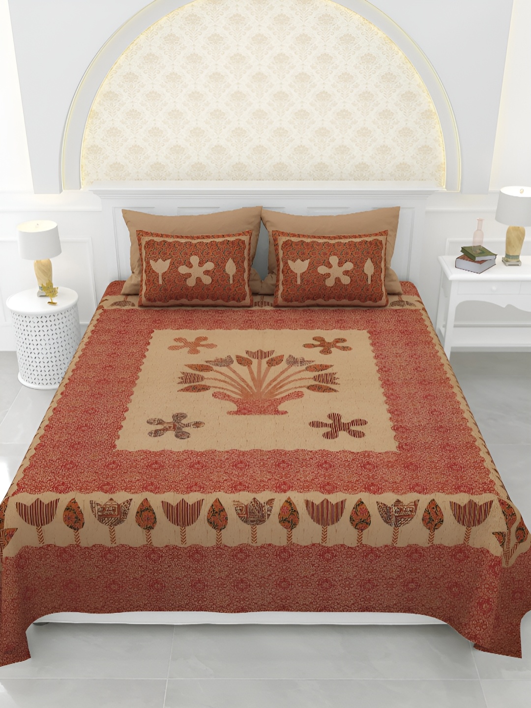

LIVING ROOTS Super King Size Jaipur Block Print Cotton Double Bedsheet & 2 Pillow Covers, Maroon