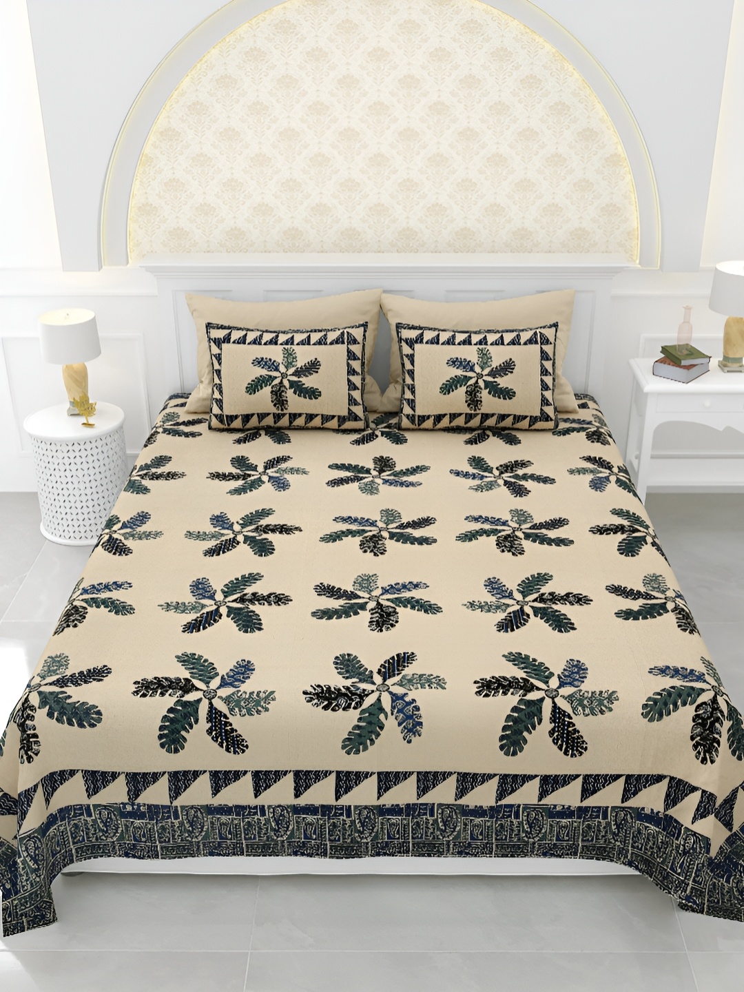 

LIVING ROOTS Super King Size Jaipur Block Print Cotton Double Bedsheet & 2 Pillow Covers, Brown