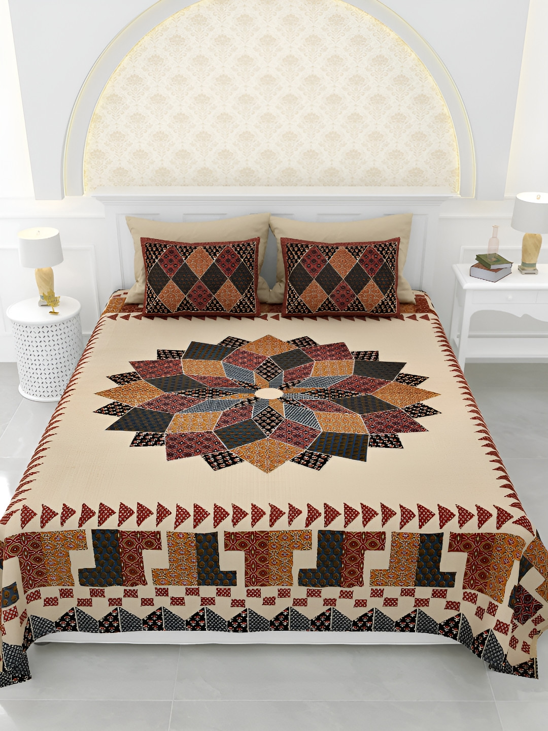 

LIVING ROOTS Super King Size Jaipur Block Print Cotton Double Bedsheet & 2 Pillow Covers, Brown