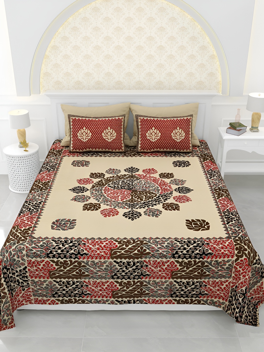 

LIVING ROOTS Super King Size Jaipur Block Print Cotton Double Bedsheet & 2 Pillow Covers, Yellow