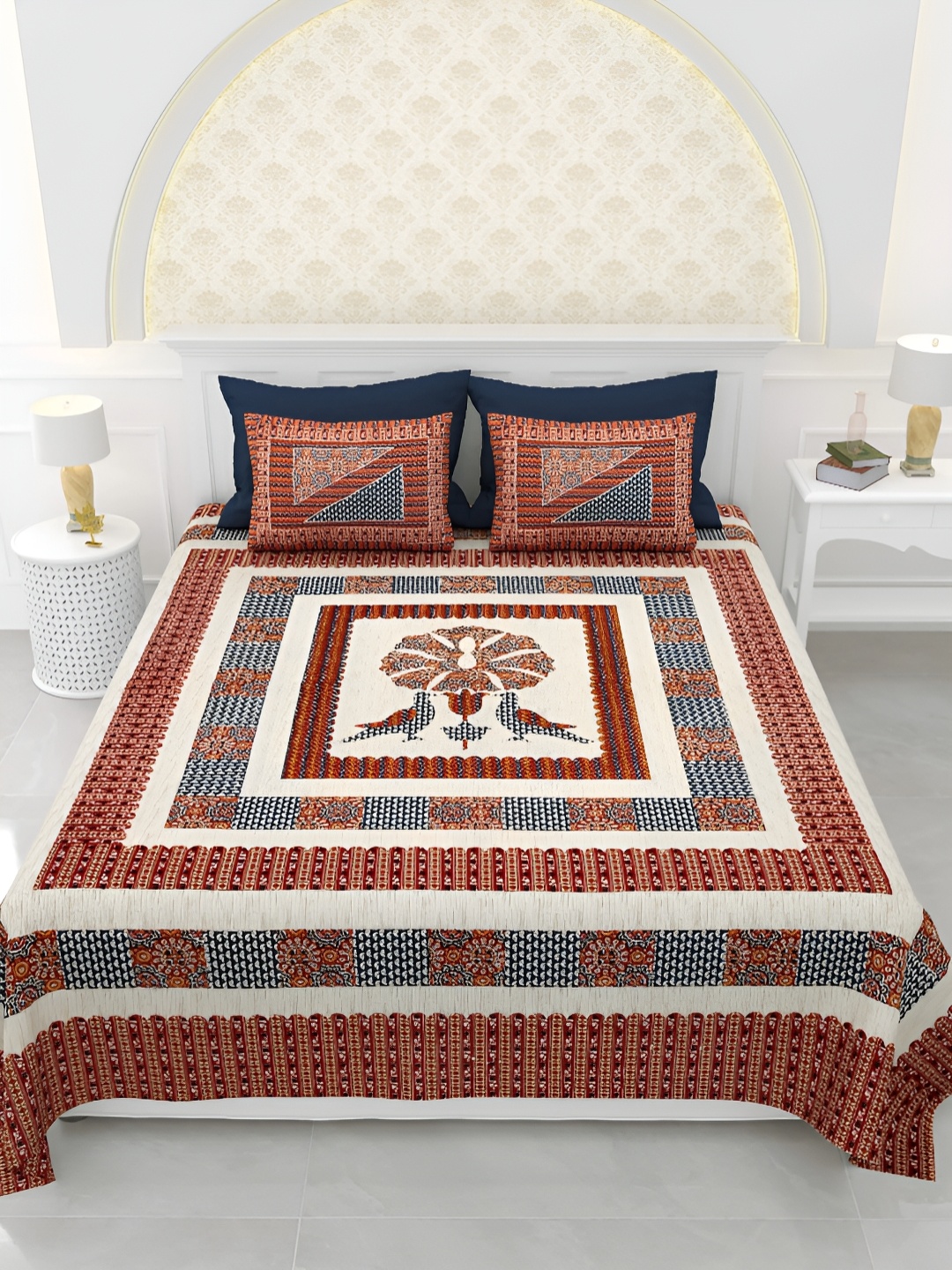 

LIVING ROOTS Super King Size Jaipur Block Print Cotton Double Bedsheet & 2 Pillow Covers, Maroon